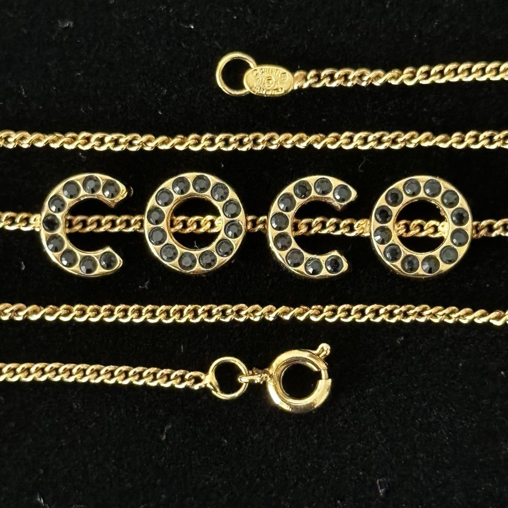 Chanel 01A COCO Gold Coloured Chain Necklace with Black Rhinestones